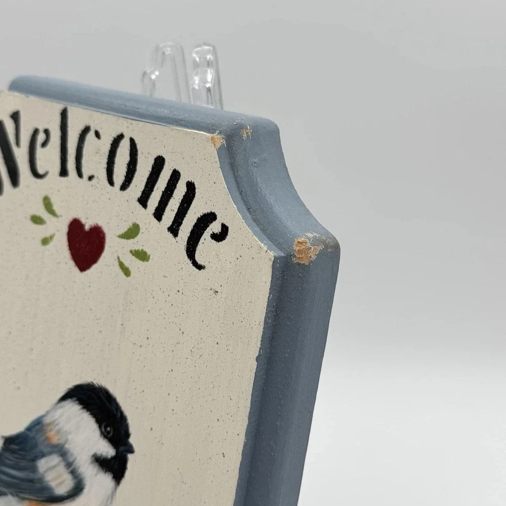 Vintage 90's Hand-Painted Wood Blue Welcome Sign Cottage Chickadee Bird